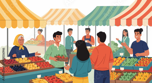 Vibrant farmers market scene with diverse vendors and customers buying fresh produce