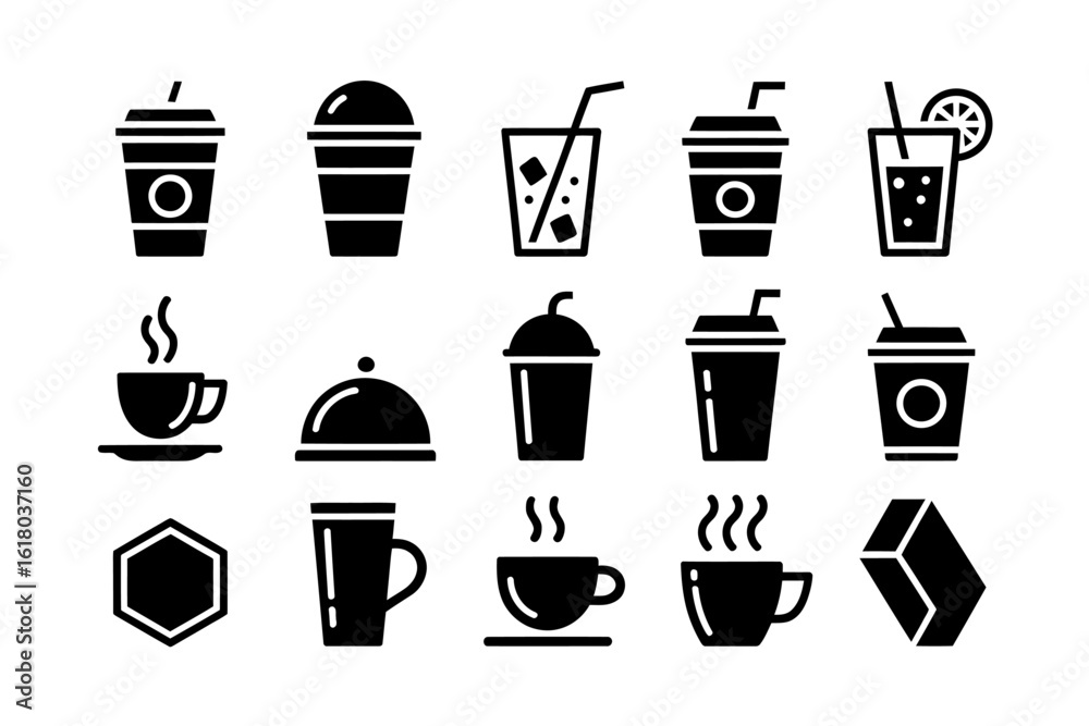 Black and White Food and Drink Icon Set Featuring Coffee Tea Smoothies and More Ideal for Restaurant Menu Design