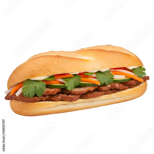 Delicious Vietnamese Banh Mi Sandwich with Grilled Pork and Vegetables.