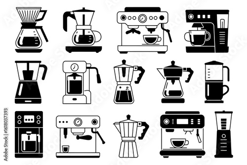 Collection of Various Coffee Makers Black and White Vector Illustration for Coffee Lovers and Cafes