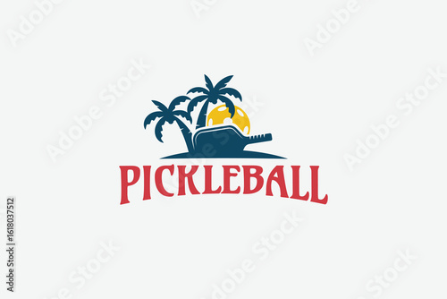 Tropical pickleball logo featuring a paddle, ball, and palm trees. It's great for a team, clubs, tournaments, etc.