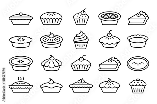 Collection of Pie and Cupcake Icon Vectors in Black Outline for Pastry Designs and Sweet Treat Graphics