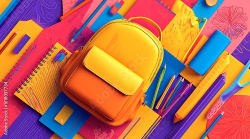 Mochila y materiales de papelería, fondo para composiciones con materiales escolares