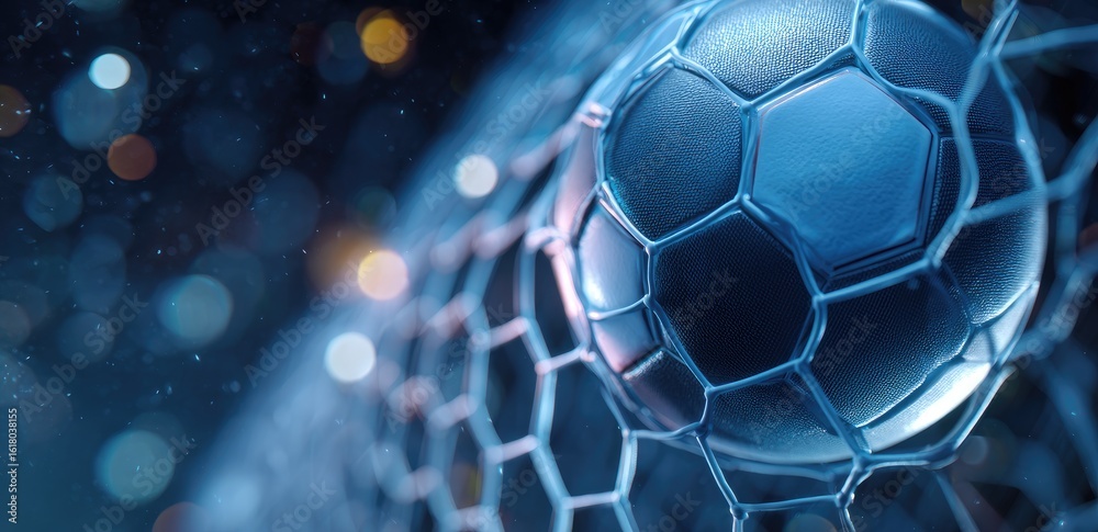 Naklejka premium Close-up of a soccer ball entering a net, blurred background lights