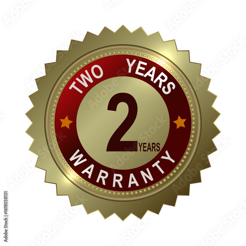 Round and rectangular emblems in gold color with the text two-year product warranty