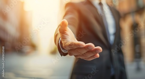 An image of a businessman's outstretched palm, suitable for corporate business cooperation promotional posters, PPT opening pages, workplace training illustrations, and recruitment pages.