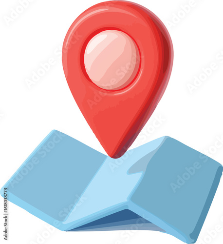 Red location pin on a blue map representing navigation travel destination and finding places with a modern cartoonish and minimalist design