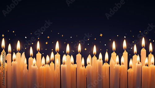 Numerous lit white candles with golden sparkles lighting