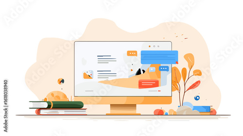 Computer screen displaying website with messages and plants in background  
