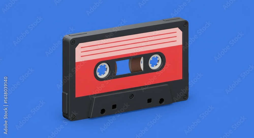 Fototapeta premium A dark grey cassette tape with red label sits centered on a solid blue background, slightly angled