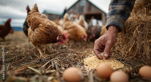 A scene of people feeding a flock of chickens by hand, suitable for farm promotional posters, popular science display boards, details pages of agricultural products on e-commerce platforms, etc.
