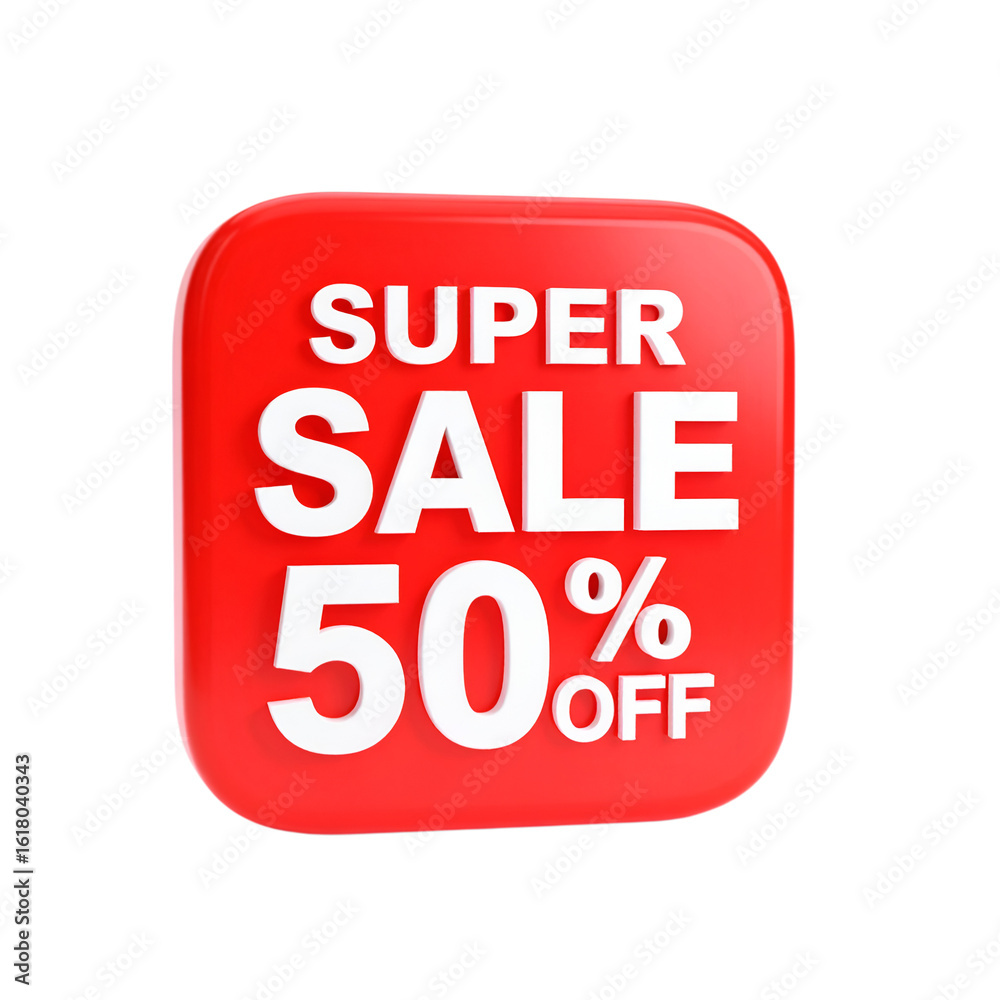 Super Sale Promotion: A vibrant, glossy, red square featuring SUPER SALE 50% OFF, designed to capture attention and promote exceptional savings. Super Sale Promotion: A vibrant, glossy, red square featuring SUPER SALE 50% OFF, designed to capture attention and promote exceptional savings.