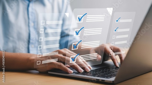Efficient Digital Checklist Forms: A person typing on a laptop with virtual documents and checkmarks, illustrating streamlined data entry and automated process verification.