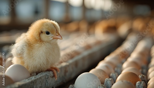 A little yellow duck among a pile of eggs, suitable for farm promotional posters and illustrations in teaching materials of children's education institutions.