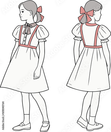 Girl in a dress with bow front and back view line art
