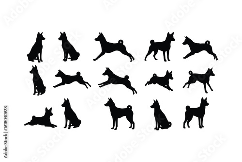 Basenji dog silhouettes various poses black white