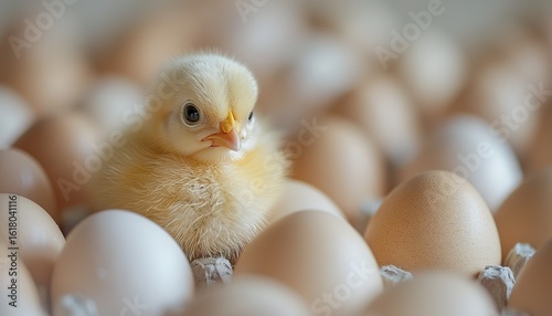 A little yellow duck among a pile of eggs, suitable for farm promotional posters and illustrations in teaching materials of children's education institutions.