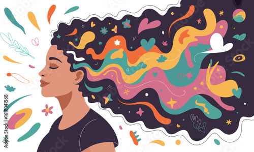 Woman finding inner peace and creative inspiration amidst vibrant thoughts and colorful dreams, embracing tranquility and imagination