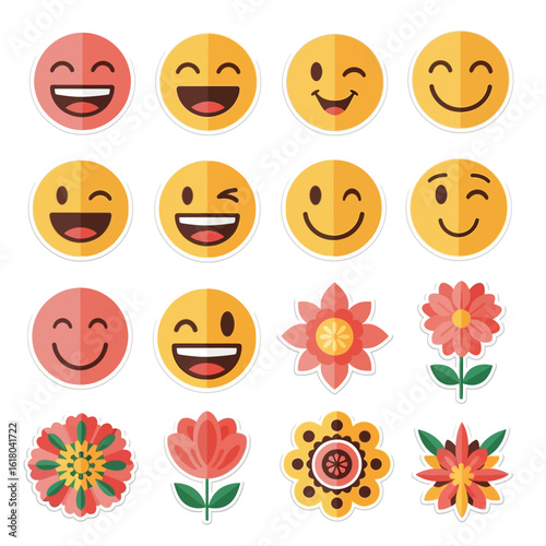Set of retro 70s style groovy icons featuring smiling daisy flowers and colorful heart shapes for a positive vibe