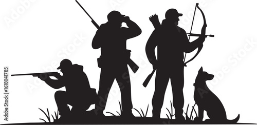 Hunters Silhouette with Rifles Bows and Dog Outdoor Activity Sport