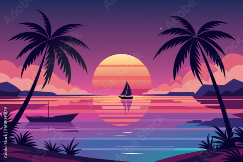 Pixel Art Tropical Sunset With Palm Trees and Sailboat on the Ocean