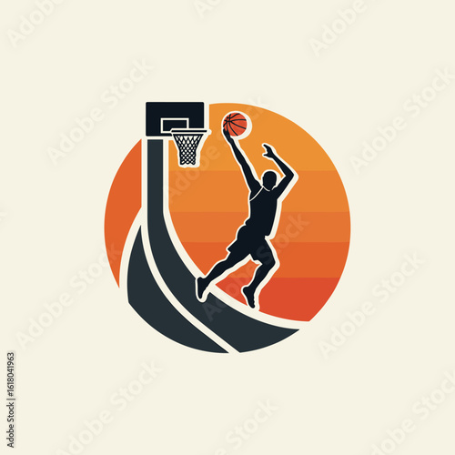 Basketball vector of player performing slam dunk with dynamic curved design and orange sunset background. Perfect for sports branding