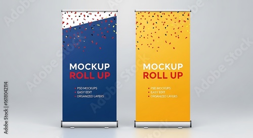 Photo of two rollup banner stands with colorful designs for advertising and promotion