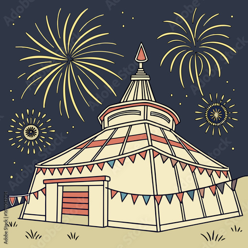 Festive circus tent under a starry night sky with fireworks