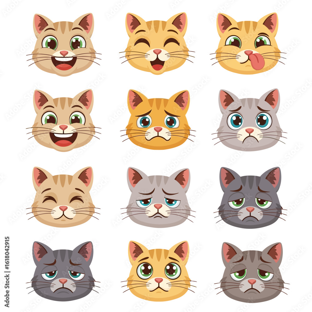 Collection of cute cartoon cat faces showing a variety of emotional expressions. Set of kitty head avatars with happy, sad, and angry feelings. Collection of cute cartoon cat faces showing a variety of emotional expressions. Set of kitty head avatars with happy, sad, and angry feelings.