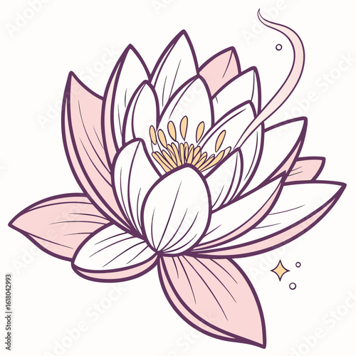 Elegant pink and white water lily with purple outline and sparkles