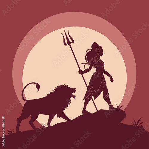 Silhouette of goddess durga with lion and trident against circular background