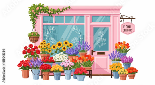 Charming pink flower shop facade with vibrant floral displays and hanging sign