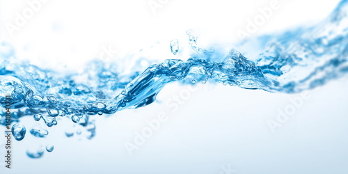 Splash of clear blue water with bubbles against a white background.