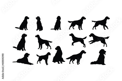 Black silhouettes of dogs in various poses white animal