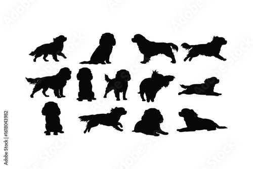 Black silhouettes of spaniels in various poses white