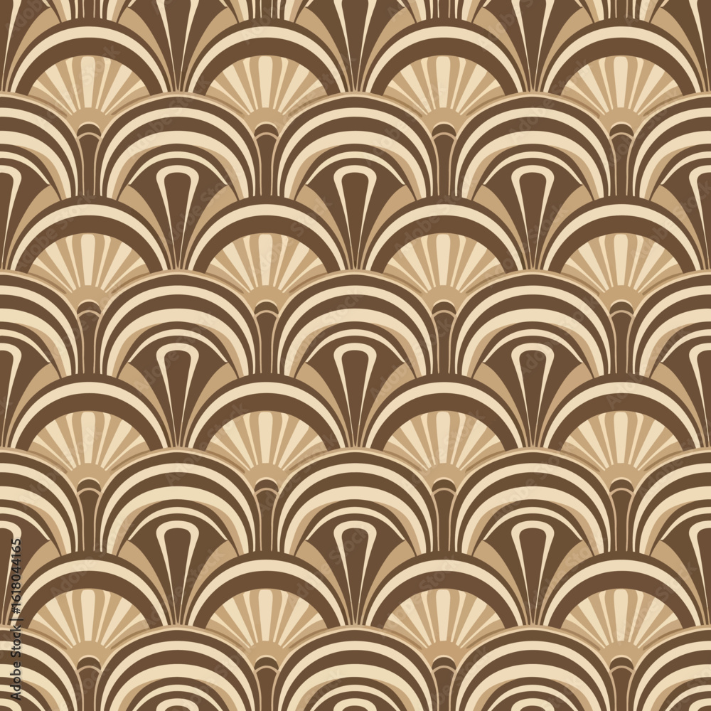 Art Deco inspired seamless pattern with fan and scallop motifs in warm brown and beige. Elegant vintage design for decorative backgrounds and textile prints. Art Deco inspired seamless pattern with fan and scallop motifs in warm brown and beige. Elegant vintage design for decorative backgrounds and textile prints.