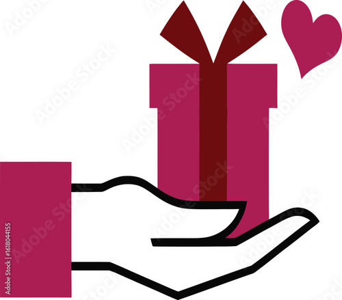Thoughtful giving: Hand offers gift box with heart symbol, symbolizing generosity, appreciation, and love for special occasions.