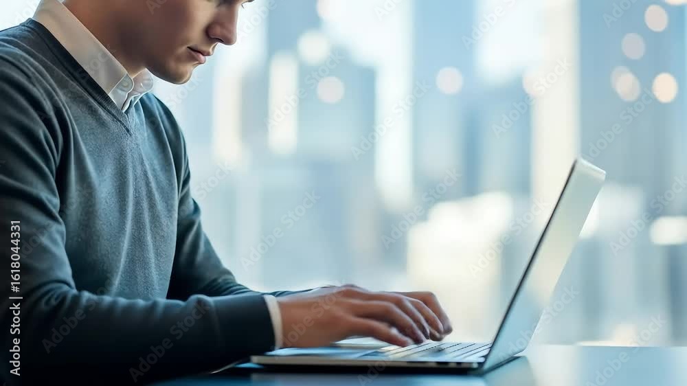 Typing on Laptop Young Man Working in Bright Modern Office with City View