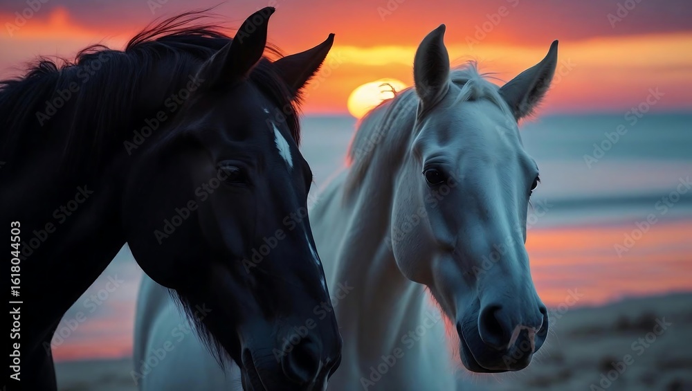 Obraz premium Sunset Serenity: Black and White Horses at the Beach, Dramatic Lighting