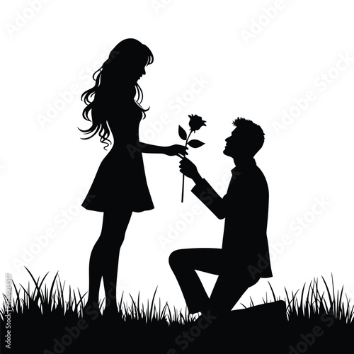 Couple proposing with rose in grassy field silhouette proposal woman