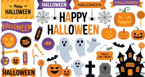 Assorted Halloween Illustrations with Ghosts, Pumpkins, Candy, Haunted House, Halloween Banners, and Trick or Treat Sign