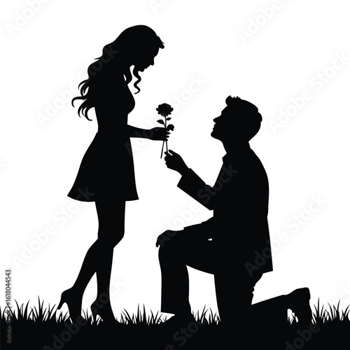 Couple proposing with rose in grassy field proposal woman