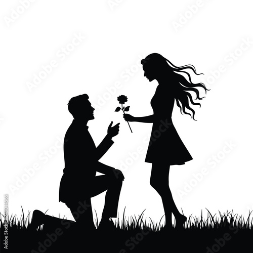 Couple proposing with rose in silhouette proposal