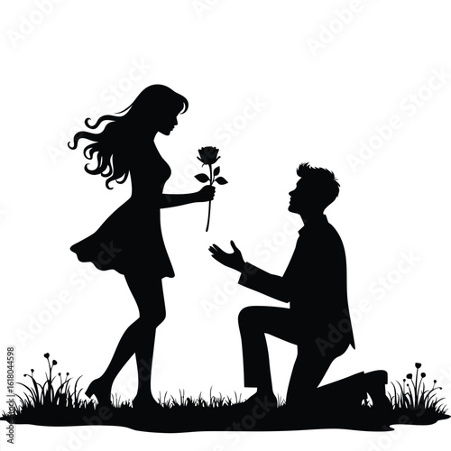Couple proposing with rose in silhouette proposal