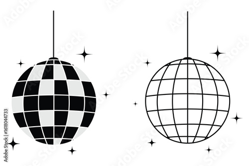 Disco ball with stars icon, disco ball sign vector. Mirror disco ball with glitters icon. Dance music party discoball. vector illustration.