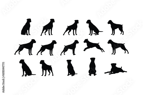 Boxer dog silhouettes various poses black white