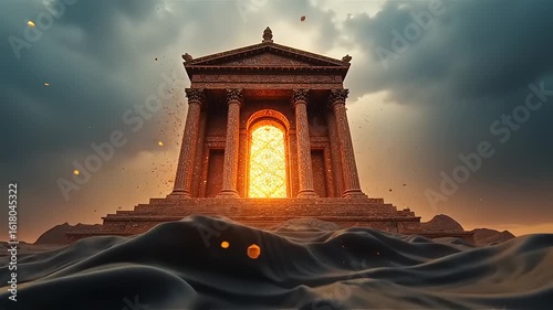 Ancient Temple Illuminates a Moody Landscape with Mysterious Glowing Doorway