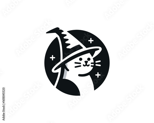 Whimsical Witchy Cat Emblem Design for Halloween