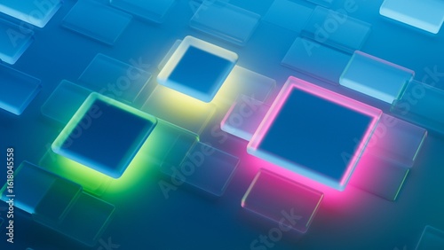 Abstract 3d render, blue geometric background design with glass rectangles shapes