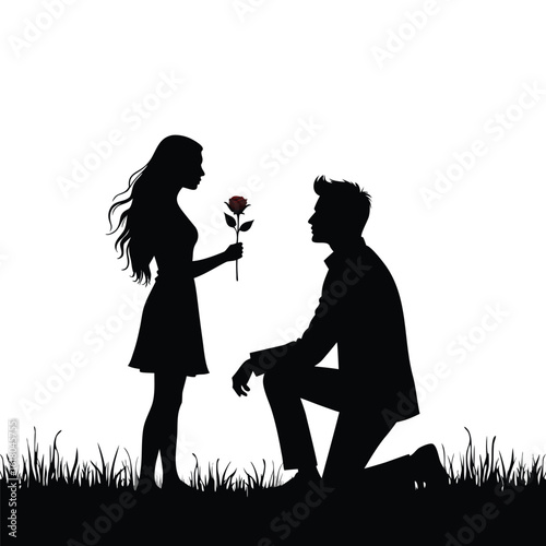 Couple silhouette proposing with red rose in grassy field woman vector